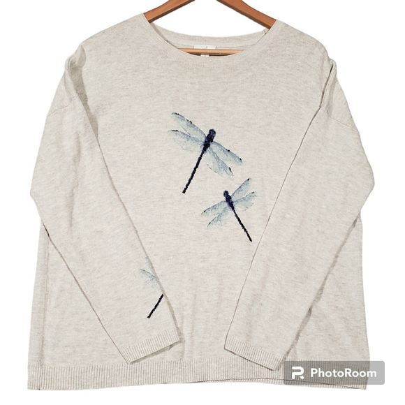 J. Jill Sweaters - J. Jill Womans Size M Sweater Watercolor Dragonflies Gray Lightweight Cotton